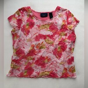 Liz Claiborne Pink and Green Floral Short Sleeve Top